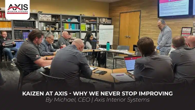 Axis Interior Systems team meeting discussing continuous improvement strategy