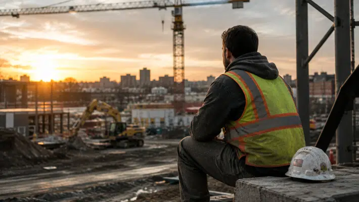 Construction worker sitting at a construction site at sunset.
